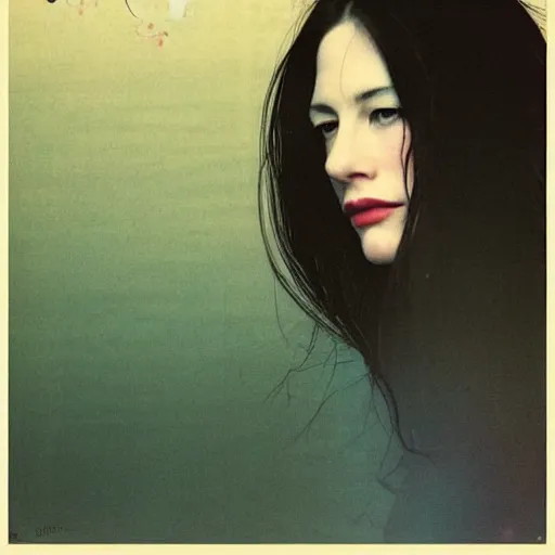 Image similar to “ liv tyler portrait by ikenaga yasunari and ayana otake and ko rakusui, 6 0 s poster, drawing, realistic, sharp focus, japanese, dreamy, nostalgia, faded, golden hues, floral clothes, porcelain skin ”