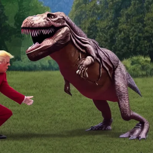 Image similar to Jesus and Donald Trump fighting off a T-Rex, 4k