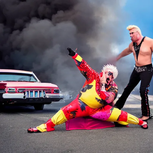 Image similar to guy fieri wrestling a drag queen in a parking lot, bystanders cheering, car on fire in the background, action, high resolution photograph, 4 k,