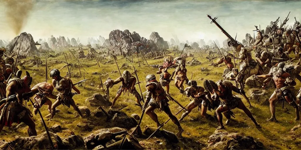 Image similar to scene from ancient battlefield, painting by otto dix and greg rutkowski, 8 k