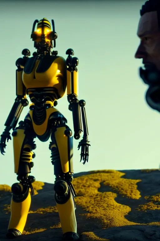 Image similar to a cinematic still from westworld, full body yellow mech bumblebee, humanoid servo, octane render, nvidia raytracing demo, masterpiece, aged armor plating, aggressive head,