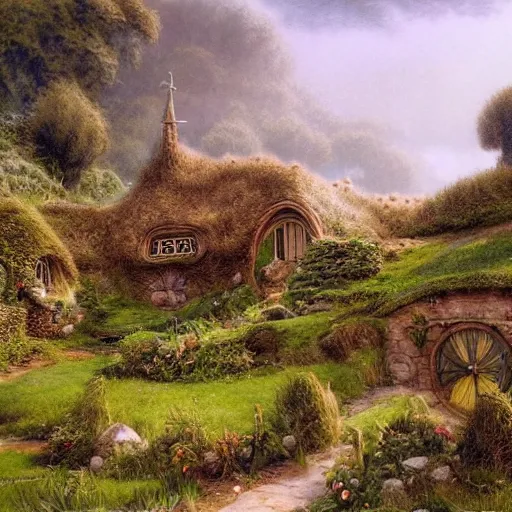 Prompt: beautiful serene hobbiton, by alan lee, lord of the rings, smooth, detailed terrain, oil painting, matte painting concept art, trending on art station