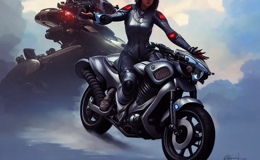 Image similar to Police female riding yamaha motorcycle, sci-fi, highly detailed, digital painting, artstation, concept art, smooth, sharp focus, illustration, art by artgerm and greg rutkowski and alphonse mucha