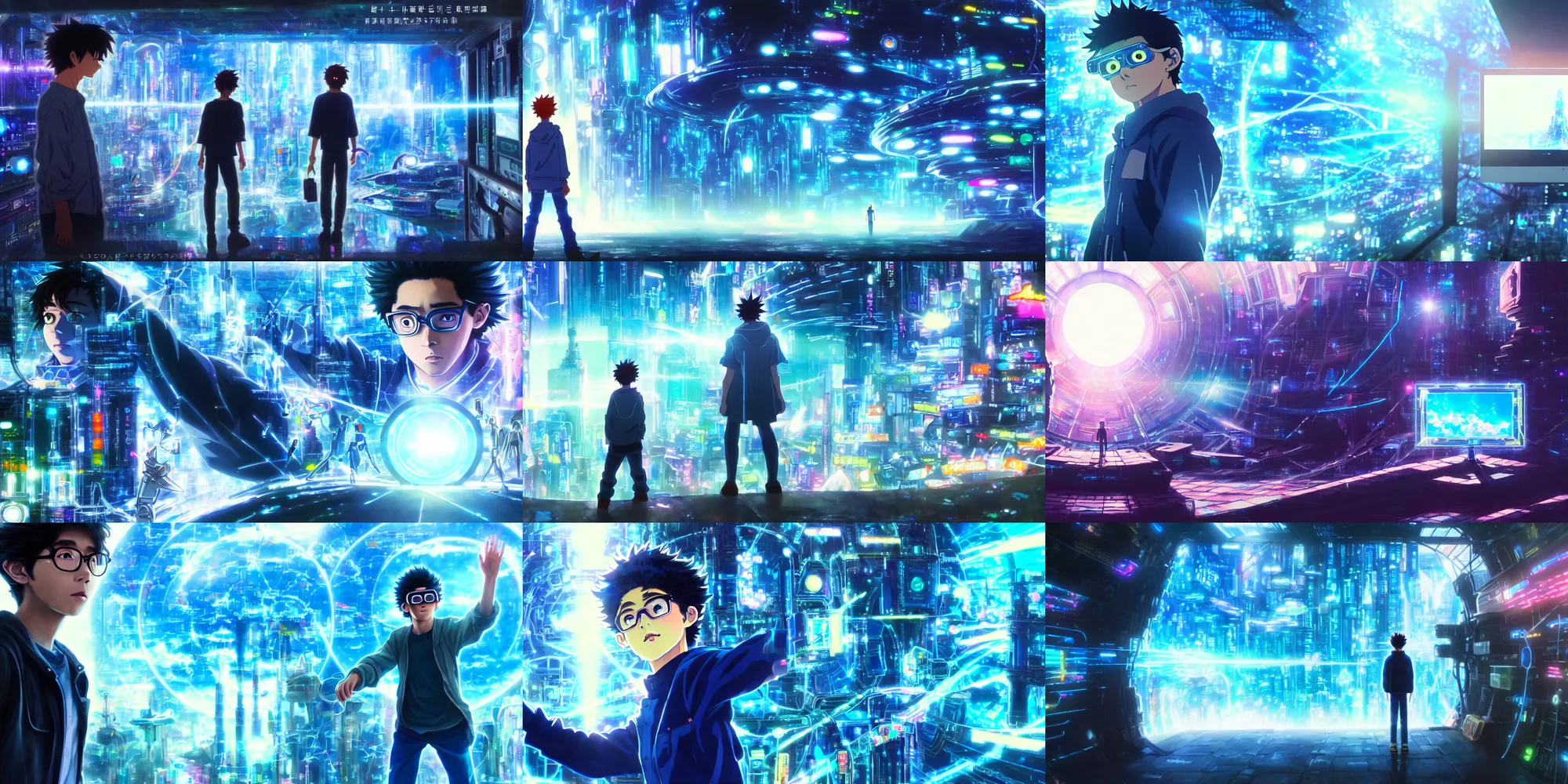 Prompt: painting of near future technological world, magical realism, looking through the prism at the digital world, the anime film ready player one, screenshot from the Kyoto Animation anime about the boy who wears nervegear, makoto shinkai, augmented reality, real life blended with digital world