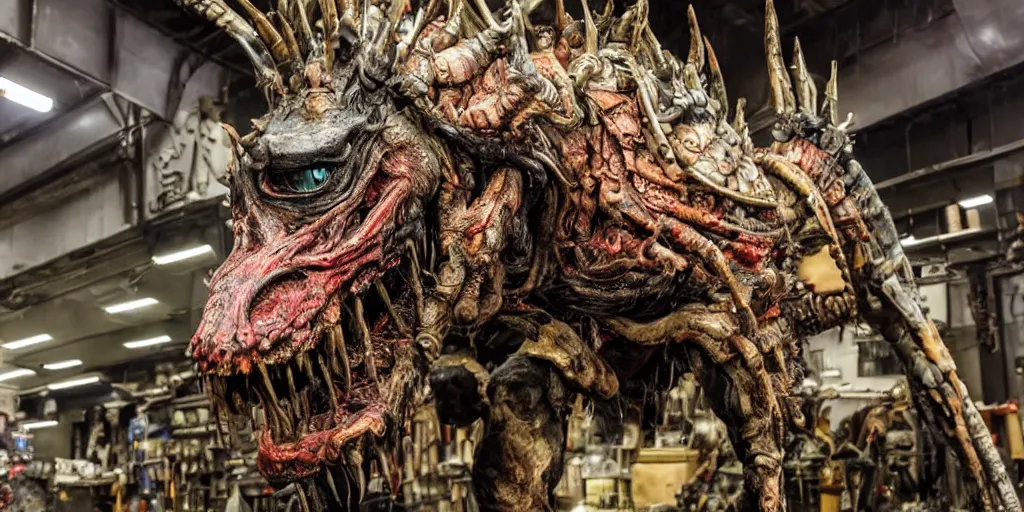 Image similar to photo taken of an epic intricate, ultra detailed, super realistic gritty, hero prop, exquisitely painted animatronic movie prop of a nightmarish hellish creature displayed in the workshop, created by weta workshop, full body shot, photorealistic, sharp focus