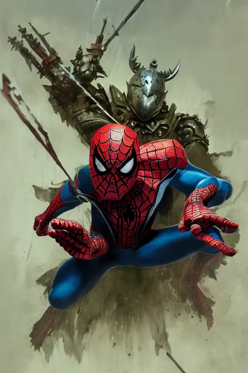 Image similar to spiderman, legendary warrior, heroic fighter, world of warcraft, decorative ornaments, battle armor, by carl spitzweg, ismail inceoglu, vdragan bibin, hans thoma, greg rutkowski, alexandros pyromallis, perfect face, sharply focused, sharply detailed, centered, rule of thirds, realistic shading