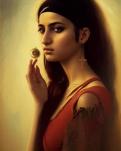 Prompt: a highly realistic, true to life portrait of a beautiful young middle eastern girl, sharp focus, from the waist up, under studio lighting, taken with a canon eos camera with 1 3 5 mm focal length, art by karol bak, james jean, tom bagshaw, trending on artstation,