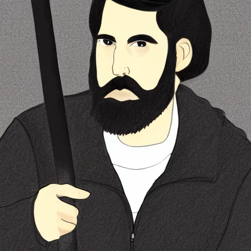 Prompt: a drawing of a man with black hair and beard wearing a black jacket, white shirt and jeans, holding a sword