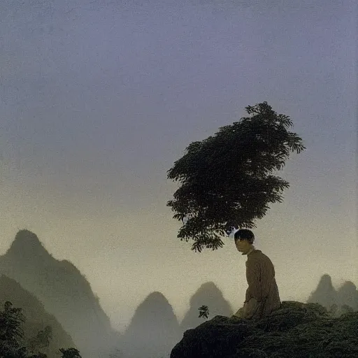 Prompt: a young man in guilin, by caspar david friedrich, mist, sunrise