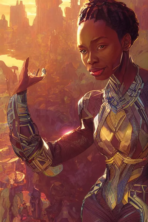 Prompt: wakanda suit queen global illumination ray tracing hdr fanart arstation concept art, matte, art by wlop and artgerm and greg rutkowski and alphonse mucha