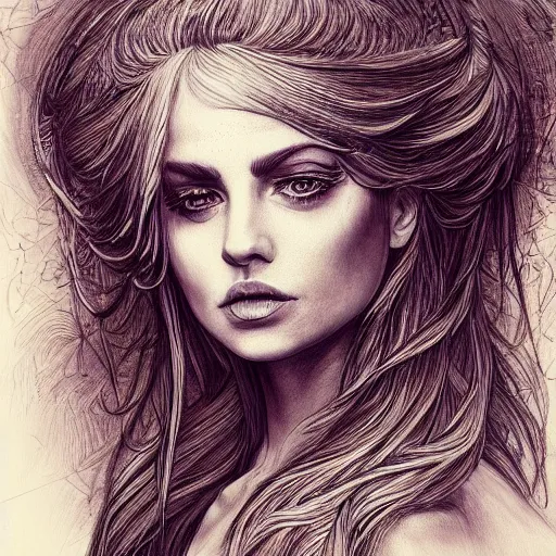 Prompt: a sketch drawing, ultra detailed, portrait, mystical, royal, magic, queen, beautiful woman, surreal life, trending on artstation