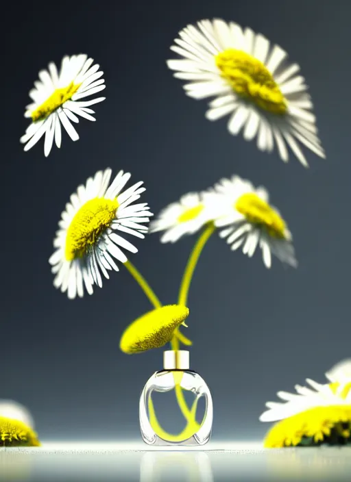 Prompt: perfume bottle standing in the center of an enchanted smokey cloud puff made of daisies, blurred background contoured smooth fair walls, up close shot, sharp focus, global illumination, radiant light, alexandre ferra, irakli nadar, octane highly render, 4 k, ultra hd,