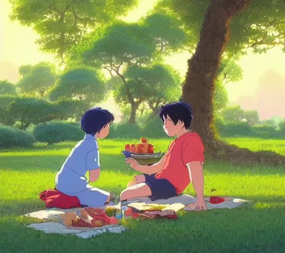 Prompt: a wholesome animation key shot of a boy and a girl sitting together under a tree, having a picnic, boy and girl!!, studio Ghibli, Pixar and Disney animation, sharp, very detailed, high resolution, by Raphael LaCoste and Ruan Jia and Robert McCall, postcyberpunk, geodesic, hyperdetailed, sunrise, wide shot, autochrome, octane render, inspired by Hayao Miyazaki, anime key art by Greg Rutkowski, Bloom, dramatic lighting