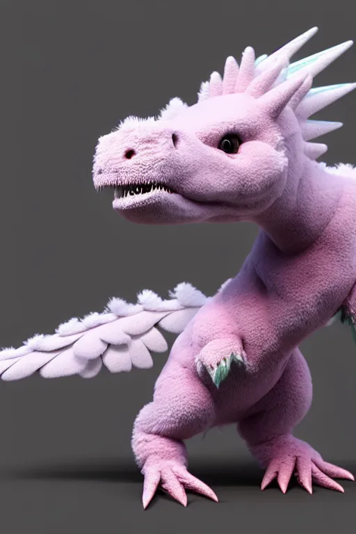 Image similar to high quality 3 d render hyperrealist very cute multipastel fluffy dinosaur with fluffy wings, vray, smooth in _ the background, artstation