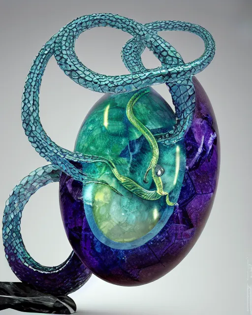 Image similar to a photo of a sculpture of a snake made from blue and emerald and amethyst crystal geode formations encircling a marble egg on a base of obsidian made with liquid gold tendrils flowing by ellen jewett by stanisław szukalski, octane render, recursive, tendrils, elestial crystals, geode, refracted light