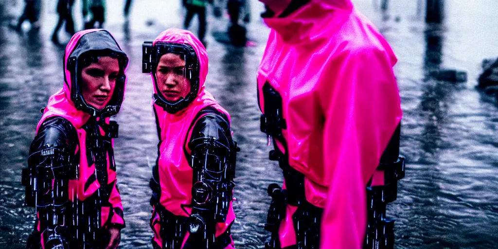 Image similar to cinestill 5 0 d candid photographic portrait by helen levitt of two cyborgs wearing rugged neon pink mesh techwear in treacherous waters, extreme closeup, modern cyberpunk moody depressing cinematic, pouring rain, 8 k, hd, high resolution, 3 5 mm, f / 3 2, ultra realistic faces, ex machina