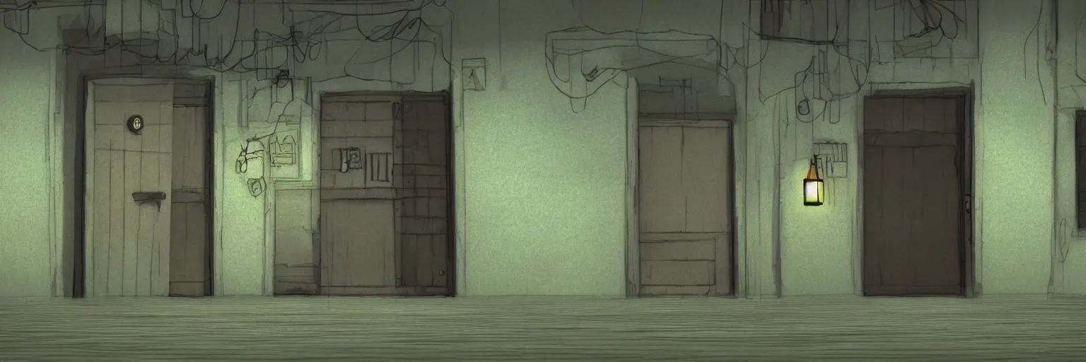 Prompt: door entrance to a building at night, game environment, in the style of Spirited Away (2001)