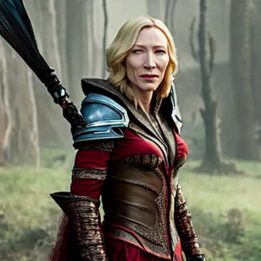 Image similar to a movie still photograph of cate blanchett as lady sylvanas windrunner