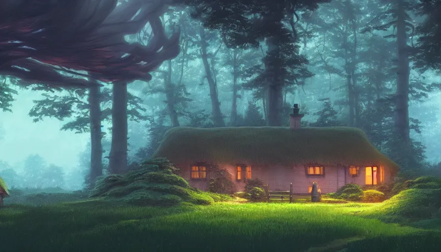 Image similar to A highly detailed matte painting of cottage in a dark forest, by Studio Ghibli, Makoto Shinkai, by Artgerm, by beeple, by Greg Rutkowski, volumetric lighting, octane render, 4K resolution, trending on artstation, masterpiece