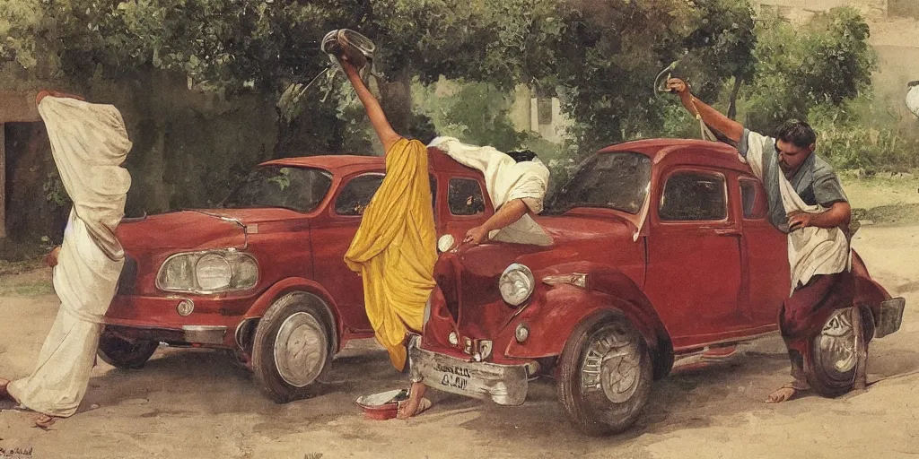 Prompt: man washing his car in the style of raja ravi verma