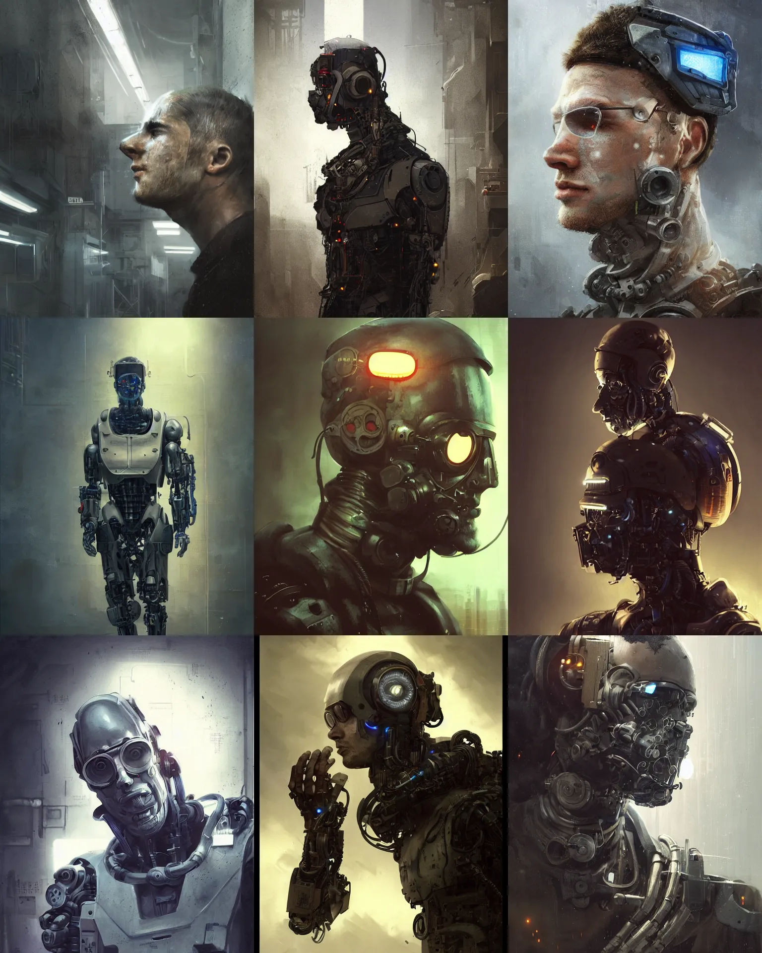 Prompt: a half - masked rugged young laboratory engineer man with cybernetic enhancements as seen from a distance, scifi character portrait by greg rutkowski, esuthio, craig mullins, 1 / 4 headshot, cinematic lighting, dystopian scifi gear, gloomy, profile picture, mechanical, half robot, implants, steampunk