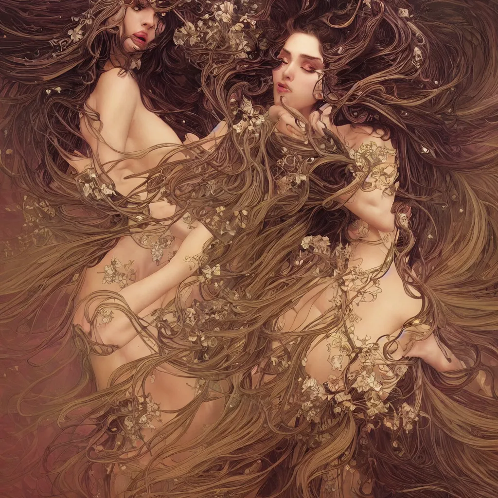 Prompt: goddess dancing in the dark, flowing hair, fantasy, surreal, intricate and very beautiful and elegant, highly detailed, digital painting, trending on artstation, concept art, smooth and sharp focus, illustration, art by tan zi and ayanamikodon and alphonse mucha and wlop