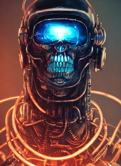 Prompt: 2 8 mm macro photo of metal skull with neon tubes half covered face with cybernetic enhancements as seen from a distance, scifi character portrait by greg rutkowski, canon 5 0 mm, film, photography, esuthio, craig mullins, 1 / 4 headshot, cinematic lighting, dystopian scifi gear, gloomy, profile picture, mechanical, half robot, implants, solarpunk