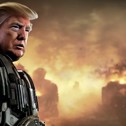 Image similar to Movie still of Donald Trump as ((the punisher)) in Gears of War, splash art, movie still, detailed face, photorealistic facial features, cinematic lighting, dramatic, octane render, long lens, shallow depth of field, bokeh, anamorphic lens flare, 8k, hyper detailed, 35mm film grain