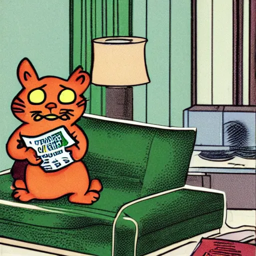 Prompt: Garfield sitting in a green lounge chair reading the newspaper looking for an item on the side table, in the style of garfield