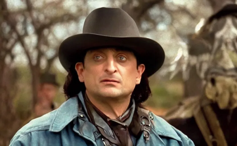 Image similar to screenshot of Tim Robinson wearing the Lone Ranger disguise, 1990s tv show, Walker Texas Ranger cinematography, hyper-detailed, sharp, kodak color, 4k