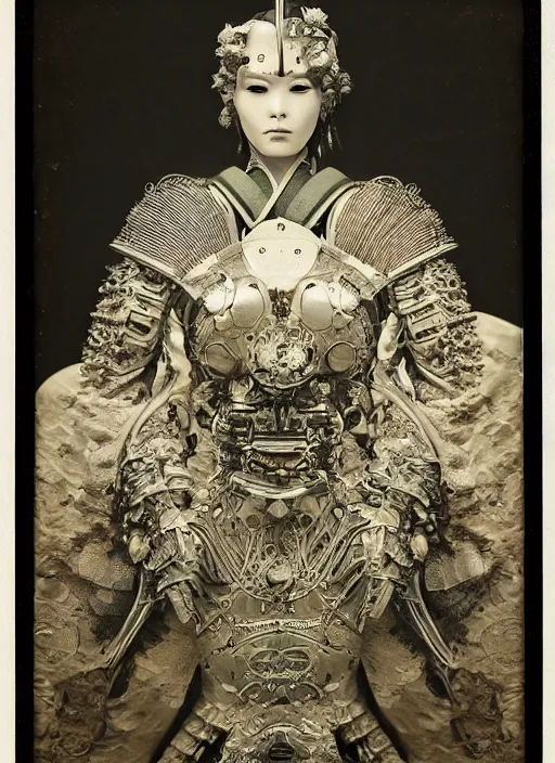 Image similar to old wetplate daguerreotype frame portrait of a futuristic silver armored geisha emperor district 9 cyborg, fractal, intricate, elegant, highly detailed, subsurface scattering, by jheronimus bosch and greg rutkowski and louis jacques mande daguerre