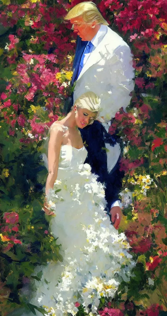 Image similar to romantic portrait of donald trump in an elegant dress surrounded by beautiful flowers, by gregory manchess, james gurney, james jean