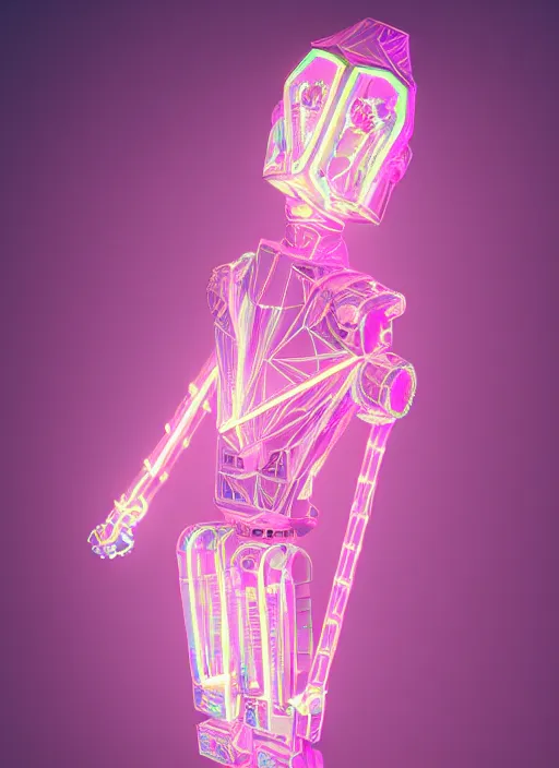 Prompt: photo of fullbodied baroque and bladerunner delicate neon diamond sculpture of robot onyx albino marble prince kai harvatz dotado pink iridescent robotic mask psychedelic, reclining, glowing magenta face, crown of white diamonds, cinematic lighting, photorealistic, octane render 8 k depth of field 3 d