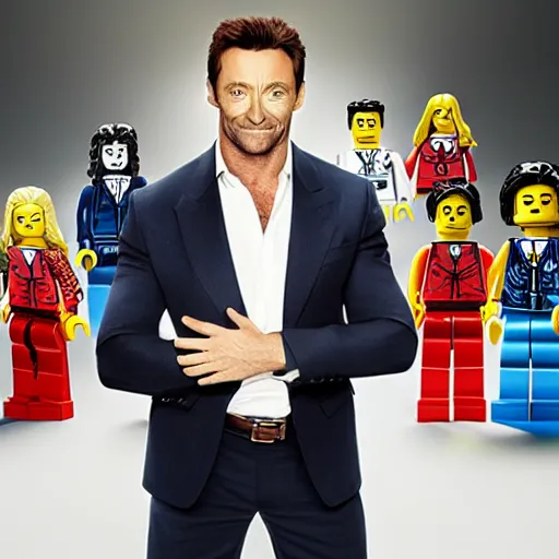 Image similar to hugh jackman as the host of lego masters, fashion photo,