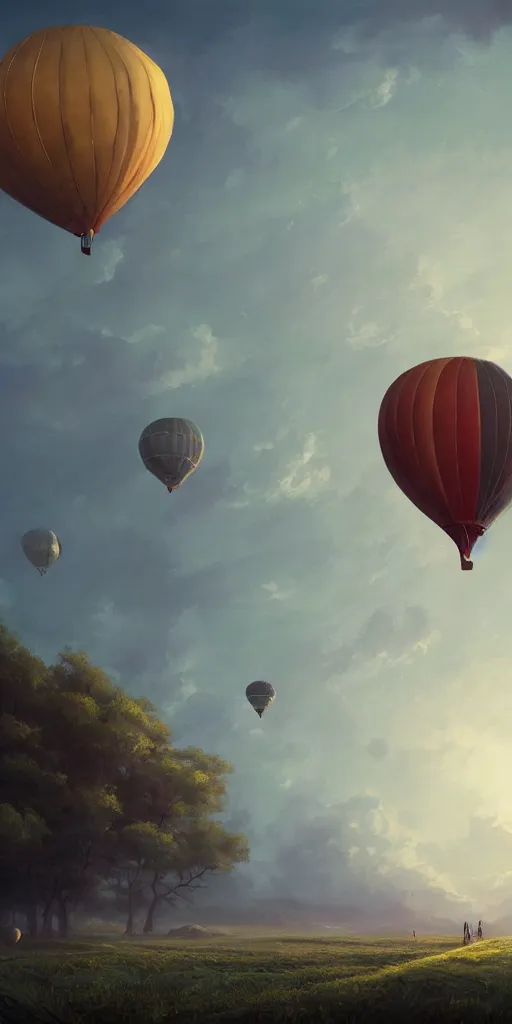 Image similar to symmetry!! surreal landscape of a dream, hot air balloon, very detailed, serene, peaceful, perfect lighting, perfect composition, digital art, illustration, artstation, artgerm, derek zabrocki, greg rutkowski, 4 k