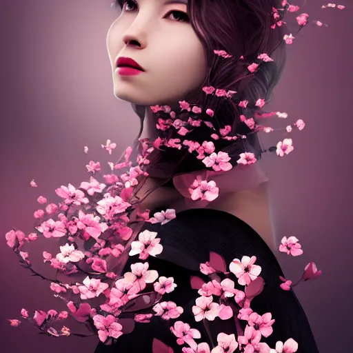 Image similar to beautiful girl in a dress made of black roses and cherry blossoms, beautiful portrait, symmetrical, character concept style trending on artstation concept art detailed octane render cinematic photo - realistic 8 k high detailed