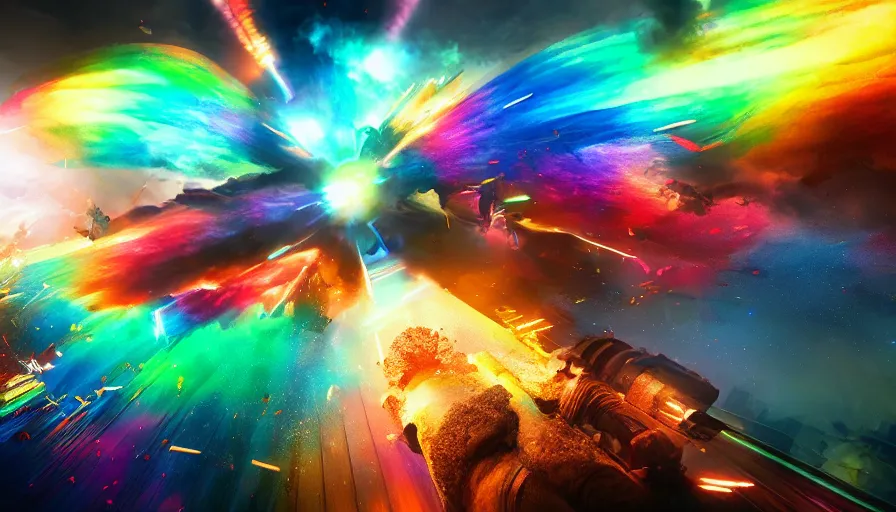 Prompt: Rainbow explosions, hyperdetailed, artstation, cgsociety, 8k