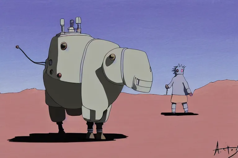 Image similar to a study of a cell shaded cartoon of a grey robot ram from howl's moving castle ( 2 0 0 4 ), on a desert road, full body, wide shot, very muted colors, post grunge, studio ghibli, highly detailed, deviantart, art by artgem