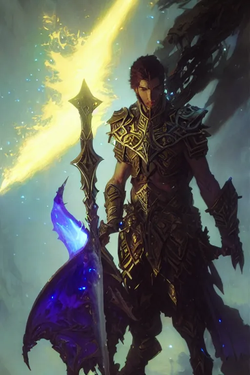 Image similar to void elf with glowing swords dnd, painting by gaston bussiere, craig mullins, greg rutkowski, yoji shinkawa