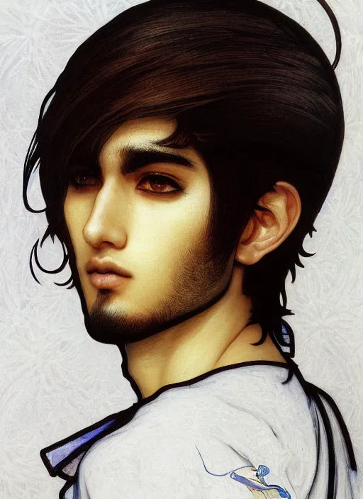 Image similar to beautiful medium shot portrait of a young arabic man inspired by ayami kojima with short hair dressed with a white t - shirt looking into the camera from three - quarters, white background white bank studio light, art by yoshitaka amano, alfons mucha, final fantasy, high quality, 8 k