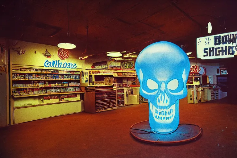 Image similar to large metallic skull attached to a tower of thick coiled power cable, stoic and calm, inside of an unlit 1970s convenience store, ektachrome photograph, volumetric lighting, f8 aperture, cinematic Eastman 5384 film