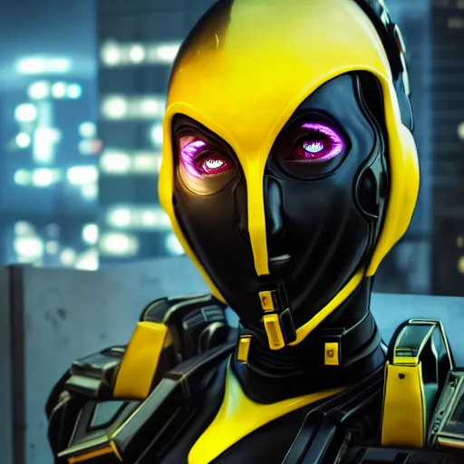 Image similar to A hyperrealistic portrait painting of a cyber warrrior girl wearing futuristic mecha suit, black and yellow shinny color armor, ultradetailed face expression trending on artstation and artbreeder, cyberpunk color feel raining at tokyo midnight rooftop, unreal 5, DAZ, 8k, unreal 5 engine render, cosplay, RPG portrait, final fantasy Vll world concept, dramatic lighting, rim lights, PS5 render quality