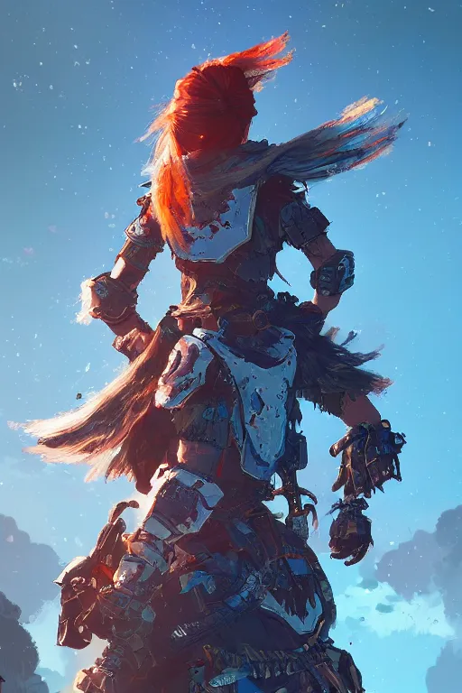 Image similar to combination suit armor aloy horizon forbidden west horizon zero dawn radiating a glowing aura global illumination ray tracing hdr fanart arstation by ian pesty and alena aenami artworks in 4 k tribal robot ninja mask helmet backpack