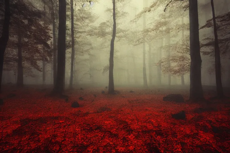 Image similar to deep dark moody forest, red fog on the ground, bleak. big stones, dark mood. mysterious. doom. realistic painting. photobashing, matte painting, highly detailed, autumn, cinematic, hyperralistic, artstation, dramatic lighting, god rays, clean crisp graphics, smooth sharp focus, extremely detailed, ukiyo - e, impressionism