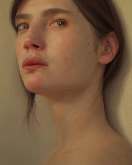 Image similar to cinematic portrait of young and severe woman with a crooked nose, intricate, elegant, by alyssa monks, highly detailed, symmetrical face, fine details, masterpiece, trending on artstation