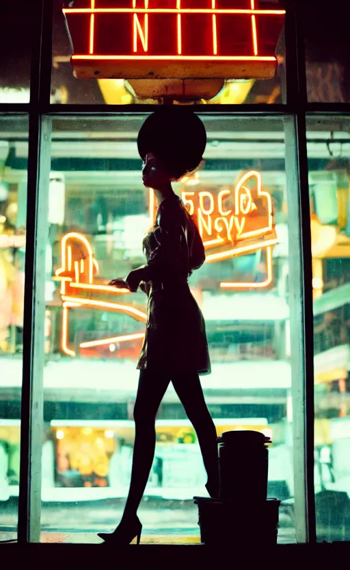 Image similar to vertical movie frame, girl in 5 0's retro restaurant, editorial, fashion, neon - decorated urban on night in the city seen through the window, modern architecture design, vintage, night, blade runner, dark, postapocalyptic, clean lines, asian futuristic city at distance, big windows, octane, wide angle