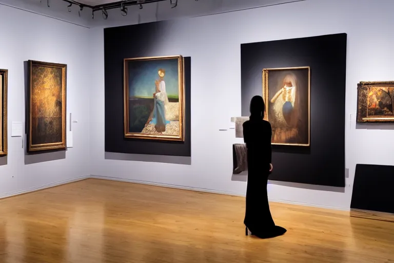 Prompt: a gorgeous woman with a black dress waiting inside a 9 0 s art gallery exhibition, colors americana, cinematic, volumetric lighting, ultra wide angle view, realistic, detailed painting in the style of edward hopper