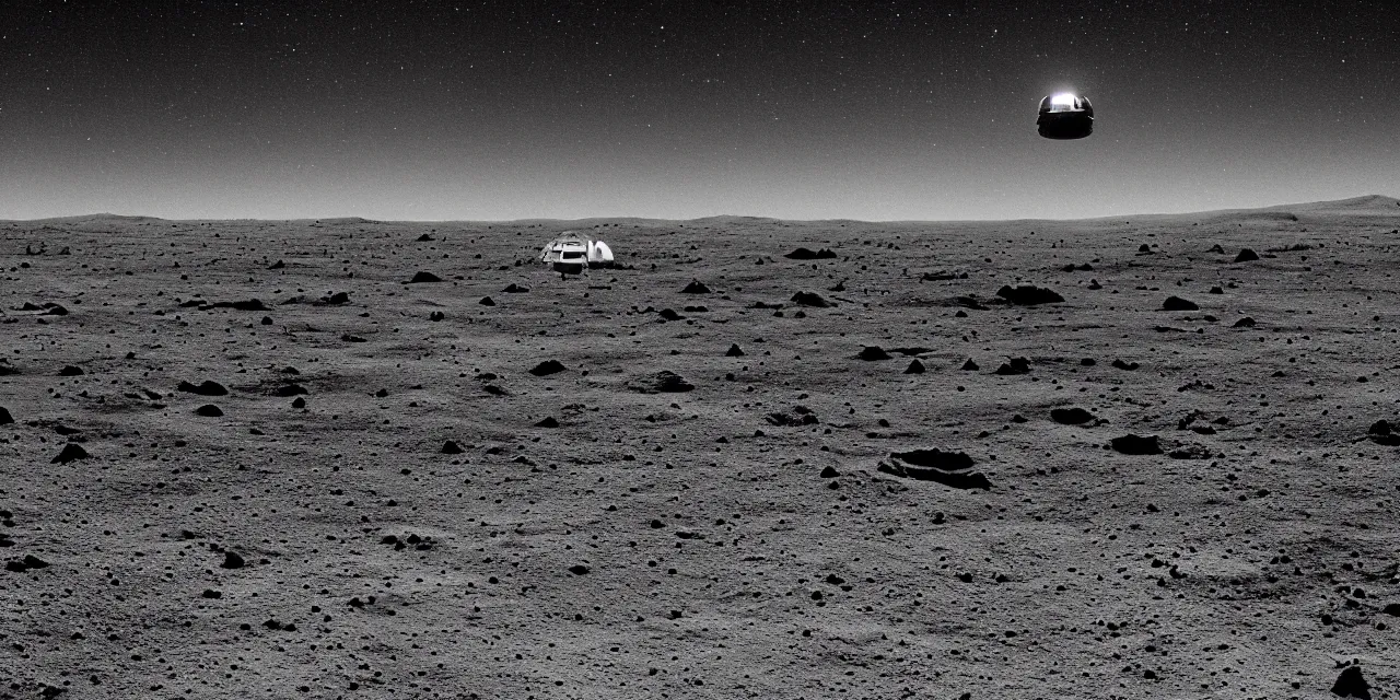 Image similar to black and white photo from the surface of the moon, glowing landing lights on spaceship, stars and space in the background, interstellar, christoper nolan, cinematic film still, sharp focus, high contrast, wide angle view, 4 k