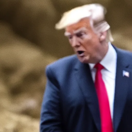 Image similar to blurry cell phone footage of donald trump in a narrow deep cave