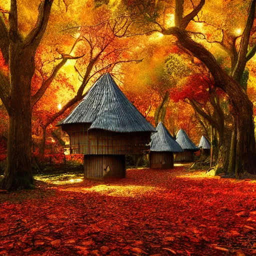 Image similar to a village full of tree houses nestled in a forest, golden hour, autumn leaves, realistic high quality art digital art